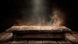 © PBMasterDesign - Blank wooden table with fire and smoke concept. Rustic wooden table with dramatic lighting and dust particles.