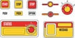 © Asim.G - A collection of red and yellow interface elements including labeled push buttons, status indicators, and control knobs is displayed against a white background.