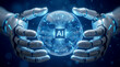 © RAT - Robot hands holding glowing AI core sphere with digital circuit network