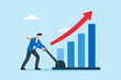© VZ_Art - Flat illustration of businessman activating lever to boost rising bar chart symbolizing business growth acceleration performance improvement and strategic momentum