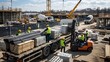 © Dot Spring - Industrial construction site with heavy trucks workers loading steel and materials