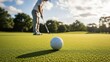 © Chainarong - A person prepares to hit a golf ball on a lush green course with trees and a cloudy sky in the background while wearing casual sportswear and teeing off