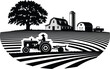 © Bipul Kumar - Monochrome vector illustration of farmer on tractor plowing field with farm buildings in background showcasing agriculture rural lifestyle country living farming industry graphic design element for pr