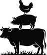© Bipul Kumar - Farm animals stacked in graphic black silhouette of cow pig and chicken standing tall animal husbandry livestock farming illustration for agriculture business branding veterinary design farm market pr