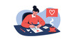 © Anar - Creative woman sitting at a dark desk writing a heartfelt love letter while enjoying a steaming cup of hot coffee or tea.
