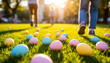© kulkann - Children Running on Sunny Lawn Among Scattered Easter Eggs Picnic Celebration