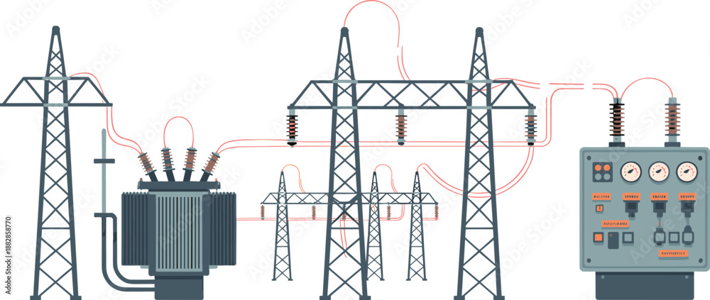 Electrical power distribution diagram illustration showing transformer transmission towers control panel monitoring system grid infrastructure energy technology