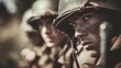 © Ami - young soldiers in helmets during world war military conflict