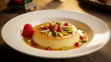 Decadent creme caramel dessert with raspberry, pistachios, almonds, and pomegranate seeds.
