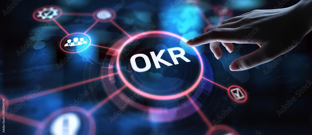 OKR Objectives and Key Results for Performance Management, projection on a virtual screen, Business and Technology Concept.