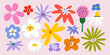 © luamor - Cute set of spring flowers in hand drawn groovy style for stickers, greeting cards, banner, patches, labels, stamps. Trendy hippie botanical wildflowers collection