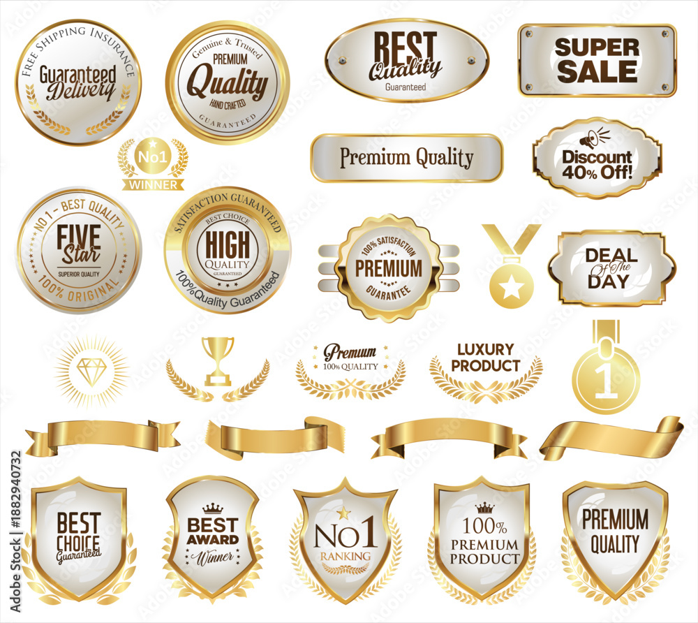 premium quality retro gold and white ribbons, labels, badges and shields collection 