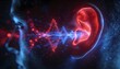 © Oleksandr - Futuristic Hearing: A Person's Ear Encased in Glowing Red and Blue Light, Sound Waves Radiating Towards it, Representing Audio Technology and Sensory Perception