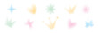 © Syuzann q - Noise grain gradient shapes. Pastel tone gradation illustration butterfly, heart, crown and flowers. Vector simple forms. Twinkle star and blink pink, yellow, green and blue dots effect.