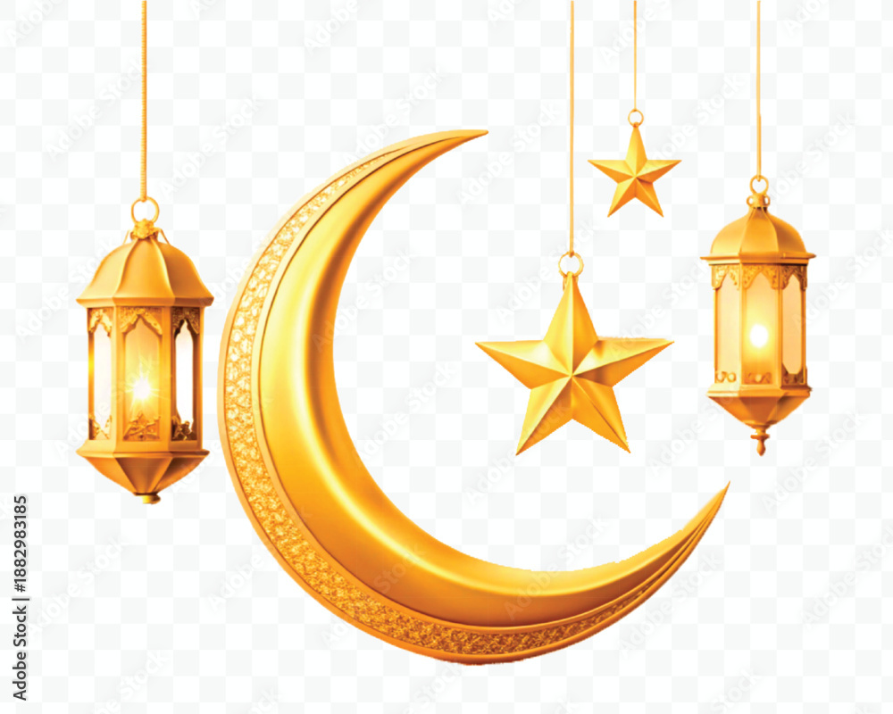 abstract 3d golden color crescent moon, lantern and star hanging in ...