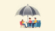 © Deviana - Three people under a polka dot umbrella sheltering from rain at a cafe