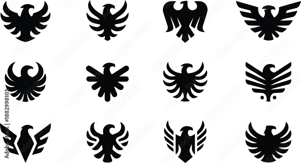 Diverse set of stylized black raptor symbols including eagles and ...
