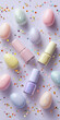 © ALL YOU NEED studio - Pastel nail polish bottles arranged in an egg shape with holographic confetti in a kitsch Easter beauty flat lay on a solid white background.