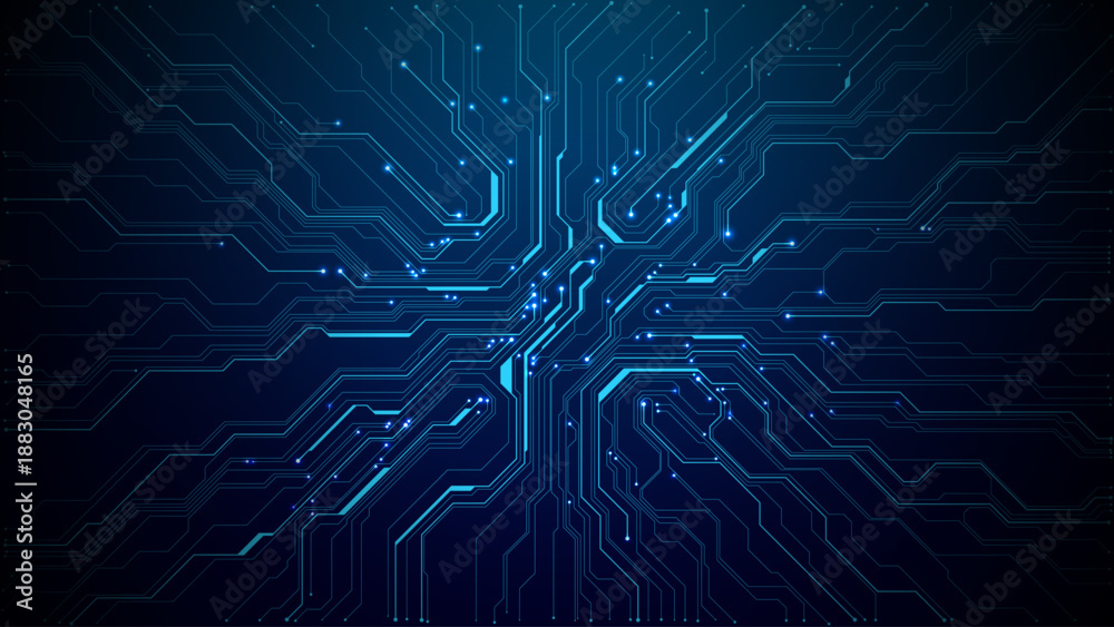 Abstract tech background featuring circuit patterns and blue chip design. Digital board texture with electronic lines for futuristic data concepts. Digital technology vector background. 
