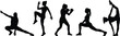 © MdHasan - Black silhouette of women in various fitness poses, including boxing, lunges, stretching, yoga, and active movement, strength, flexibility, and fitness concept