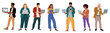 © Creative_Juice_Art - Set of diverse people standing using laptops and mobile devices, ideal for technology, business, and modern work concepts. Flat minimalist vector illustration isolated on transparent background