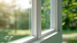 White window frame looking out a peaceful green garden. Serene view through a modern home window, natural light.