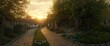 © The 2R Artificiality - Sunset scene featuring a charming village square and stone pathways surrounded by lush greenery