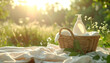 © momostudio - Serene picnic setup in a lush green meadow with a wicker basket and skincare products.