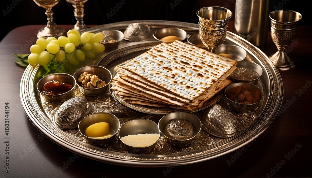 Traditional Seder Plate With Matzah And Symbolic Foods Highlighting