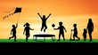 © MOTIWARA - Happy Children Playing Outdoors with Kite at Sunset on Green Grass