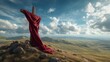 © Anca - A solitary cross, draped in a vibrant red cloth, stands atop a majestic hill, silhouetted against a breathtaking sky. ..Created with Generative AI, not depicting real subjects.