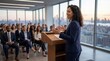 © ryker - Woman business leader giving presentation at podium in modern office with city skyline, confident professional speaking to diverse audience engaged and attentive