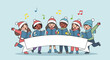 © MD - Group of diverse children wearing winter hats singing Christmas carols together with songbooks and bright musical notes.