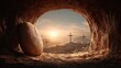 © Anca - An evocative scene of a tomb with an open entrance, a large stone rolled aside, and three crosses silhouetted against a radiant sunrise. ..Created with Generative AI, not depicting real subjects.