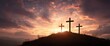 © Anca - Three symbolic crosses stand silhouetted atop a gently rolling hill. the dramatic sky providing a striking backdrop. ..Created with Generative AI, not depicting real subjects.