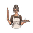 © rashyn - Smiling baker woman holding rolling pin and tray of baked goods.