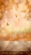 © decorator - Autumn leaves drift over a rustic wooden table bathed in warm golden light evoking serene fall beauty