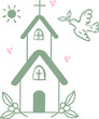 © Annie - Kirche mit Taube. Symbole für Taufe und Erstkommunion,der Glaube an Gott, Christen, Einladung zur Konfirmation, Firmunf, Taufe, Heirat, vektor, isoliert.