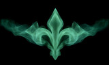 Green abstract fleur de lis shape made of glowing smoke. Artistic spiritual mystic design for background.