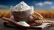 © Nataliia_Trushchenko - Rustic still life of a burlap sack overflowing with white flour, accompanied by a wooden spoon and wheat stalks, set against a blurred field background with copy space