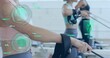 © vectorfusionart - Holding reformer strap, exerciser in sports bra, leggings at pilates studio with AR HUD, copy space