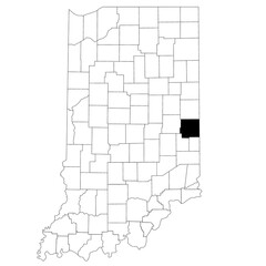  Map of Wayne County in Indiana state on white background. single County map highlighted by black colour on Indiana map. UNITED STATES, US