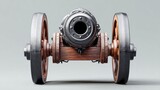 Cannon with wooden wheels positioned against a grey background, facing the camera, showcasing intricate details and textures, ideal for historical or artistic representation with copy space