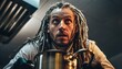 © David - Young male chef with dreadlocks looks surprised while holding a steel pot in a professional kitchen, a low angle point of view shot with dramatic warm lighting