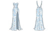 © Raisya - Technical illustration of a chic blue floral maxi dress. Features a sweetheart neckline, high front slit, and elegant deep V-back for apparel design