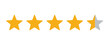 © Pixrow - Golden star rating icon with four full stars and one half star. Customer review and feedback symbol for website, app, ecommerce and user experience design