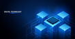 © Hilch - Isometric AI technology 3D vector illustration. Central processor chip, big data circuits and connected server cubes. Blue background for computing, semiconductor, block chain system digital concept.