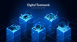 © Hilch - Digital teamwork business concept 3D isometric vector illustration. Team collaboration, puzzle connect and goal achievement strategy. Corporate background for ai partnership, leadership, innovation