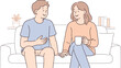 © Александр Михайлюк - Calm Friendship Chat. Two friends sit side by side in a living room talking calmly and relaxed Minimalist flat line vector