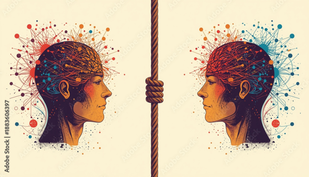 Brain Pulling Rope Two human heads with colorful brain activity on either side of a rope ...